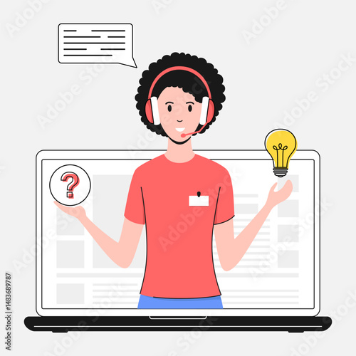 Cartoon Color Character Woman Wearing Headset and Speech Bubble Online Helper Concept Flat Design Style . Vector illustration