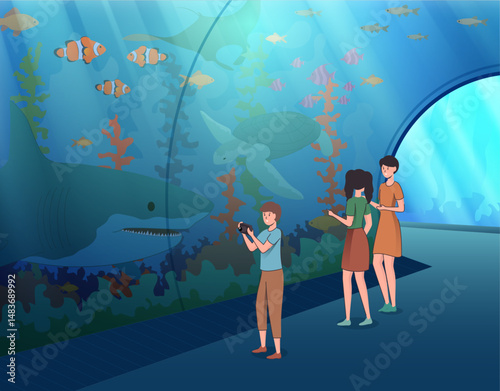Cartoon Color Characters Mother with Children in Oceanarium Concept Flat Design Style. Vector illustration of Underwater Museum with Fishes