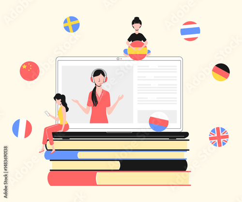 Cartoon Color Characters and Foreign Language Study Online Concept Flat Design Style . Vector illustration of Practical Course