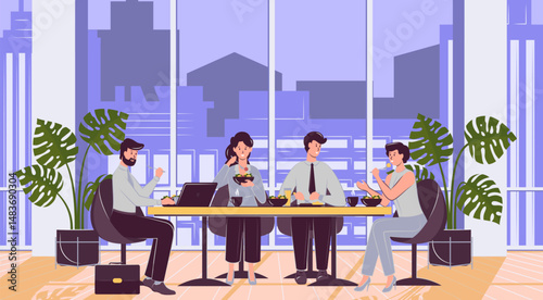 Cartoon Color Characters People Eating in Office Night Time Concept Flat Design Style Together Meal. Vector illustration