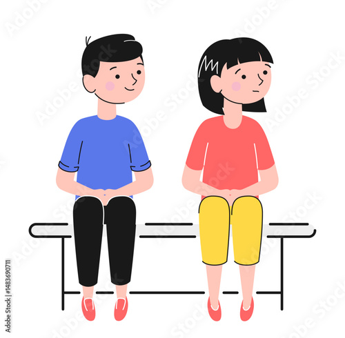 Cartoon Color Characters Boy and Girl Waiting Concept Flat Design Style and Line Elements. Vector illustration