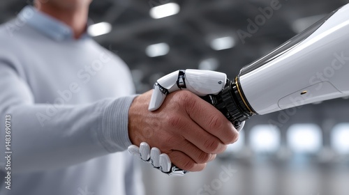 Close up of a human hand shaking a robotic hand, signifying collaboration between humans and artificial intelligence. The background is a blurred industrial setting.