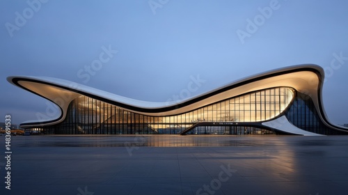 An airport terminal with sweeping, futuristic curves