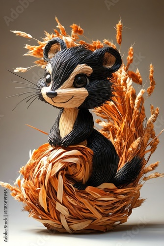 Straw skunk with lifted tail side angle playful garden scene comic pose