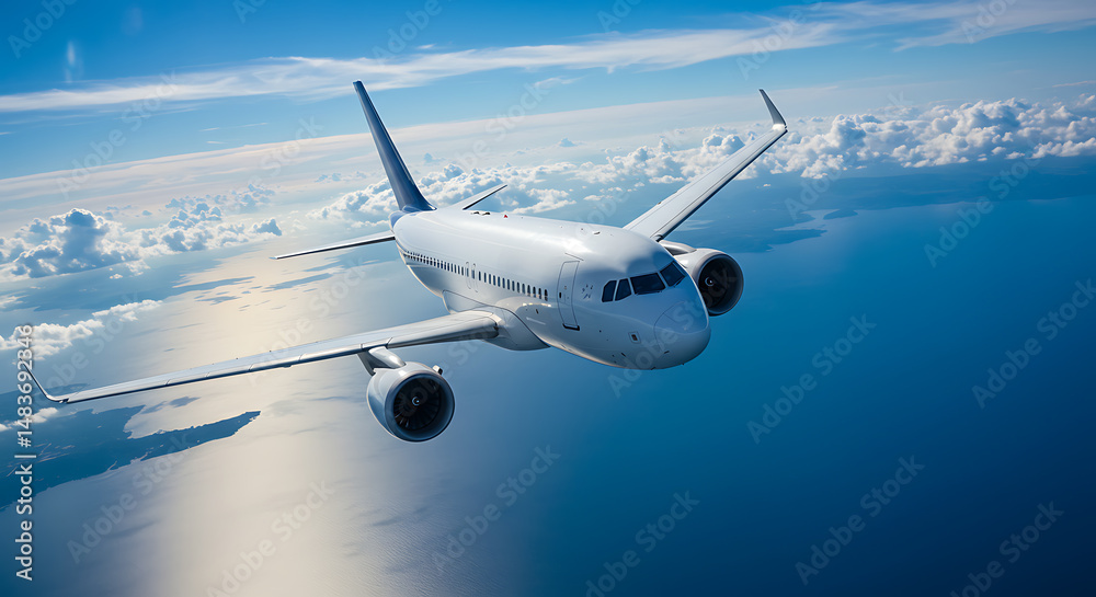 Obraz premium A sleek, white passenger airplane soars through a vibrant blue sky filled with fluffy white clouds.