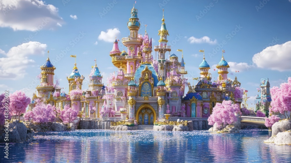 Obraz premium Enchanted Fairytale Castle by the Lake: A Dreamlike Digital Artwork