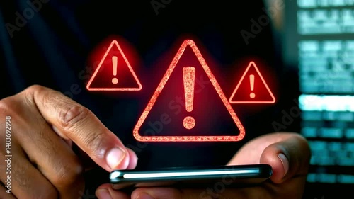 Close-Up of Person Using Smartphone with Red Warning Alert Icons Indicating Cybersecurity Risk, System Error, or Mobile Threat in Digital Technology Environment