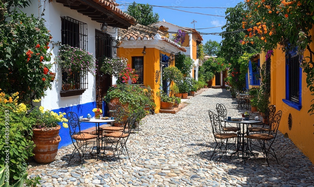 Obraz premium Charming cobblestone street lined with colorful buildings, overflowing with vibrant flowers and outdoor cafe seating