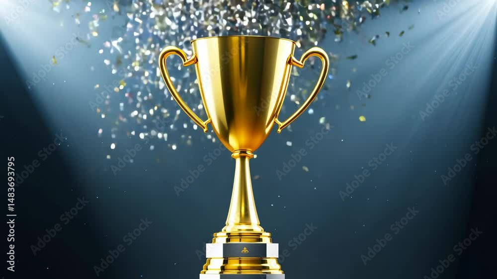 Golden trophy cup under spotlight with confetti falling on dark background symbolizing success and victory Golden trophy cup under spotlight with confetti falling on dark background symbolizing success and victory