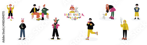 Slika na platnu Kid Celebrate Easter Spring Season Holiday Vector Set
