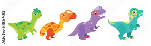 Funny Dinosaur Colorful Character with Cute Face Vector Set