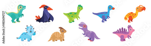 Funny Dinosaur Colorful Character with Cute Face Vector Set