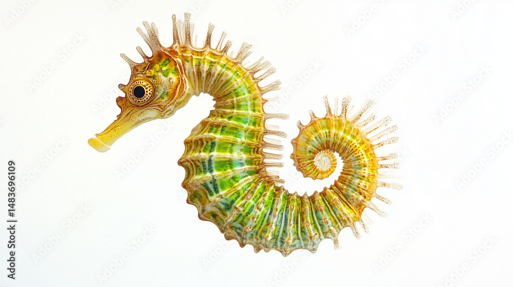 Fototapeta premium A beautifully patterned seahorse floating against a white background.
