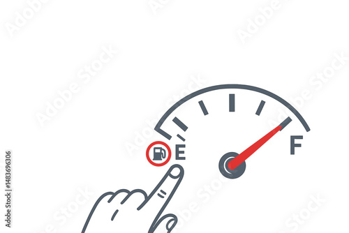 Hand pointing at low fuel warning indicator on fuel gauge  