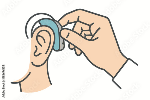 Hand inserting hearing aid into human ear in clear graphic style  