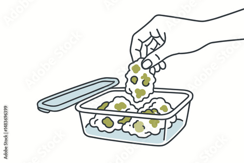 Hand holding moldy leftovers from a container in a kitchen setting  