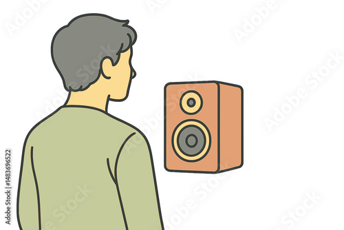 Man listening to music from speaker in minimalist room setting  