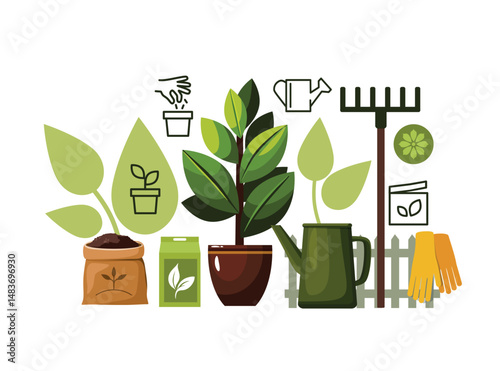 Garden, farm and agriculture concept. Garden tools, flowers, rake, seedlings, watering can, fertilizer and gloves on white background
