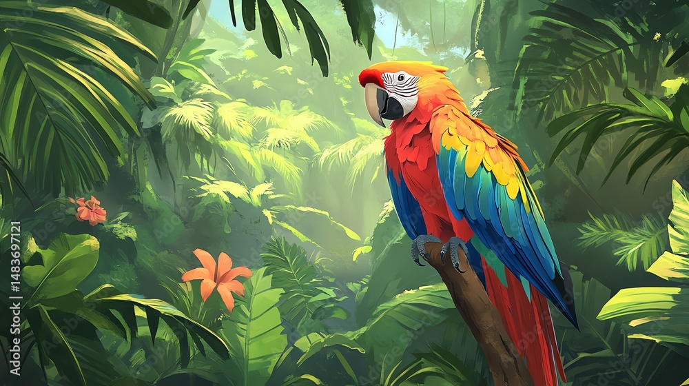 custom made wallpaper toronto digitalVibrant Macaw in Lush Jungle Illustration