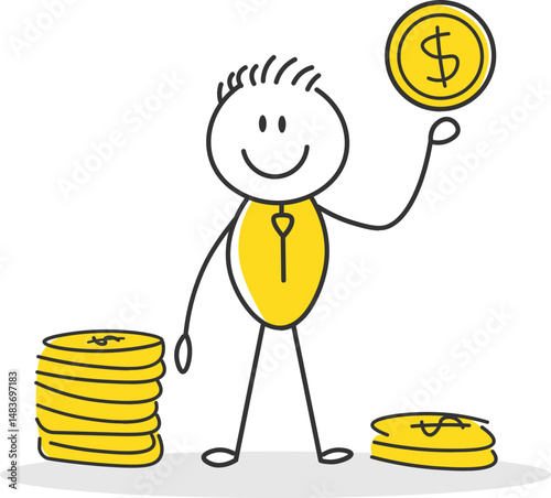 Simple drawing of a stick figure with lots of money