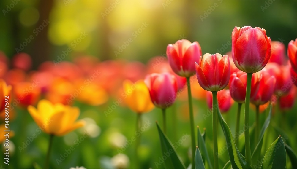 Vibrant tulips blooming in a lush spring garden , leaves, buds Vibrant tulips blooming in a lush spring garden , leaves, buds