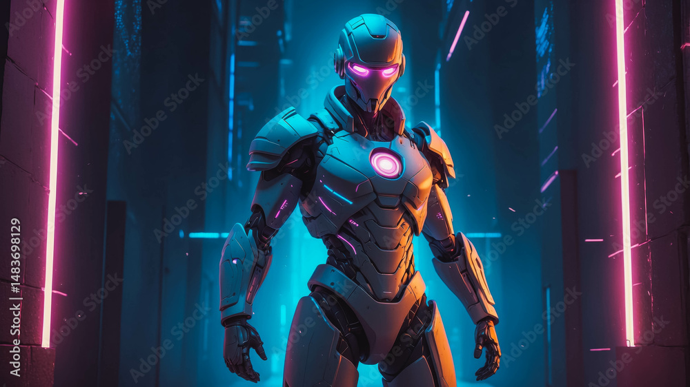 Naklejka premium Futuristic Cyberpunk Android with Neon Circuitry in a Sci-Fi 3D Environment: A Detailed Robotic Portrait of Artificial Intelligence in Virtual Reality with Glowing Armor and Intricate Design
