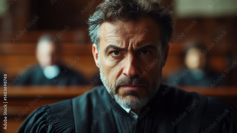 Fototapeta premium Prosecutor delivering a powerful argument chest up framing deep expression blurred judges bench behind