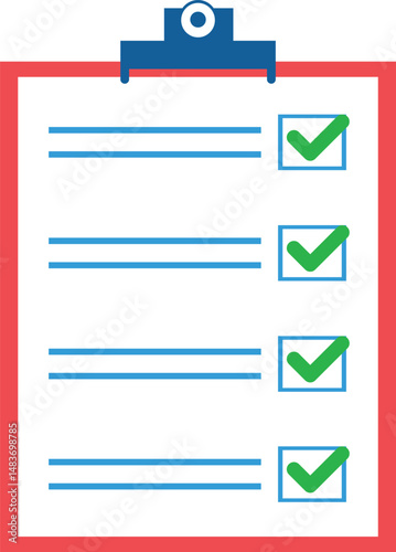 Notebook with a sheet of paper with a checklist. The answers are well marked. The markers are green. Flat design vector.