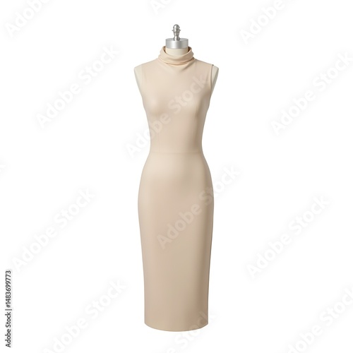 Elegant beige dress with a high neckline and fitted waist, showcasing a graceful silhouette. Minimalist design and neutral tone emphasize timeless sophistication, isolated on a transparent background 