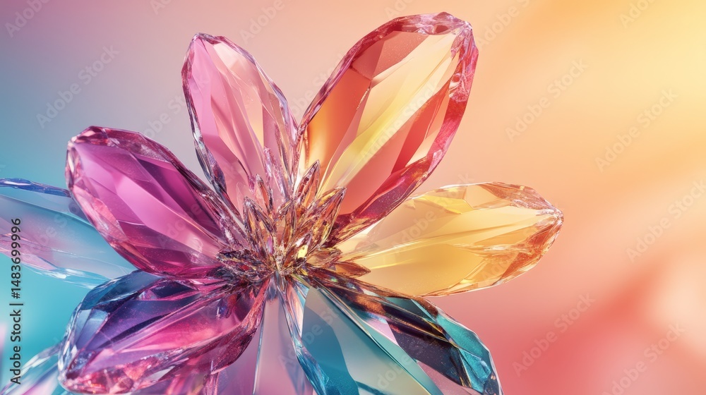 Fototapeta premium Colorful crystal flower with multicolored petals on gradient background