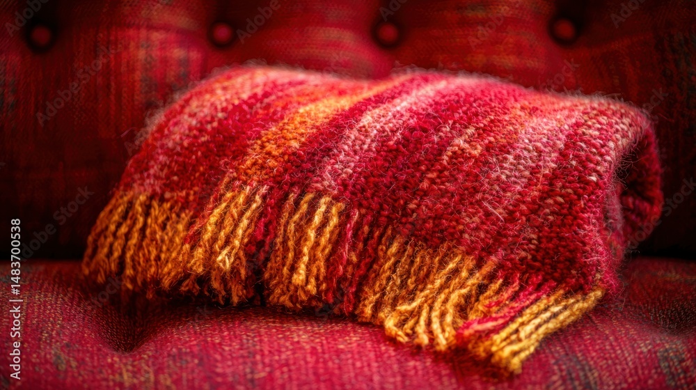 Fototapeta premium Red-orange blanket on a red, tufted surface