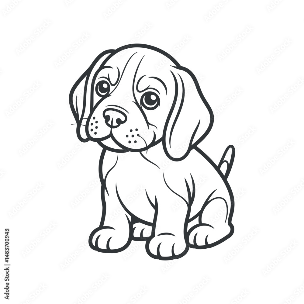 Fototapeta premium Adorable Beagle Puppy Illustration Black and White Line Art Cartoon Dog