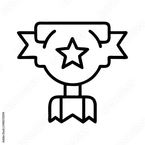 Outline icon of decorative award medal with star and ribbons, symbolizing recognition, achievement, loyalty reward and excellence in marketing strategy