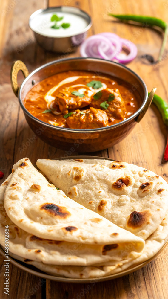 Indian famous Butter Chicken served with Fresh cream garnished with Cilantro and Cream Swirls, Served Hot in a Traditional Metal Dish with butter Naan and Rice in the Background. Indian famous Butter Chicken served with Fresh cream garnished with Cilantro and Cream Swirls, Served Hot in a Traditional Metal Dish with butter Naan and Rice in the Background.