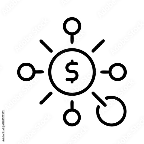 Outline icon of dollar sign at center of network, representing sales distribution, affiliate system, marketing hub, and revenue growth strategy