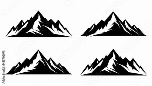 "Black and White Mountain Silhouette Icons – Vector Peaks and Outdoor Adventure Logo Set