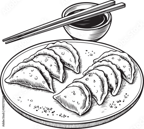 Gyoza (Japan) Dish, Cuisine, Black and White Vector Illustration, Sketch Drawing Line Linear Symbol Icon Engraving, Hand-drawn Isolated