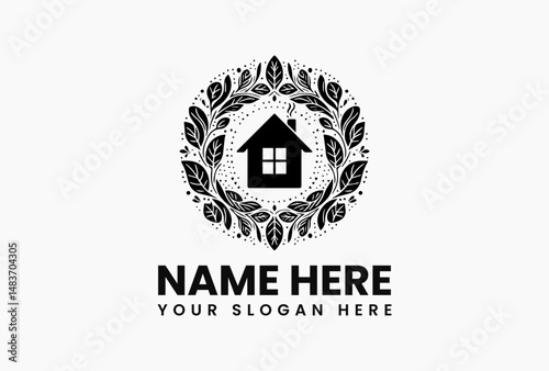 Minimalist black and white house facade vector logo with front garden and decorative tree on clean background. Architectural home concept  