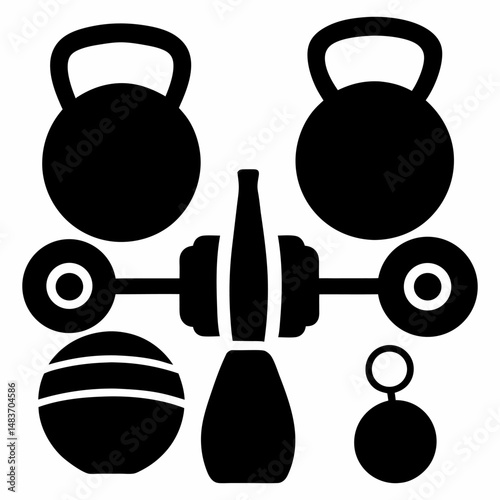 Black and White Gym Equipment Icon Set – Kettlebell, Dumbbell, Barbell Vector icon set