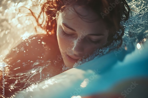 Serene Water Embrace: A tranquil portrait of a woman immersed in water, her eyes gently closed as if absorbed in peaceful reverie.