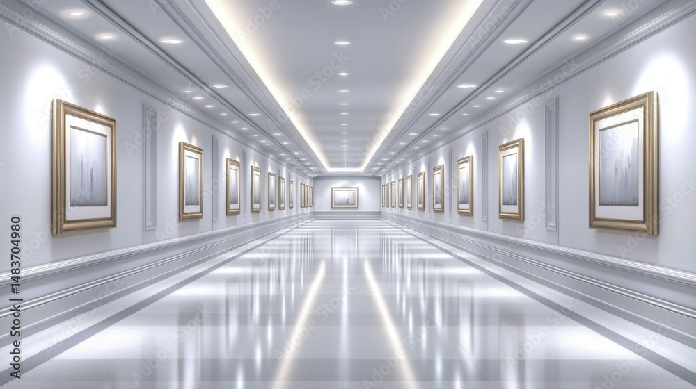 Fototapeta premium Minimalistic White Art Gallery Corridor with Reflective Floors and Soft Lighting