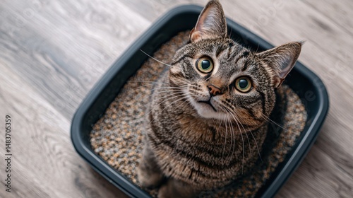 Tabby Cat Sitting Comfortably in Litter Box Looking Upwards Adorable Domestic Feline