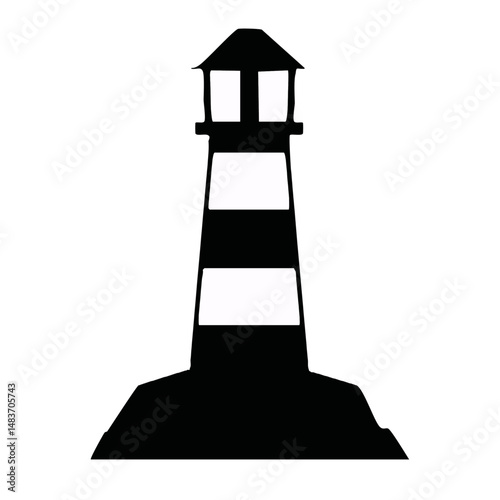 Black White silhouette lighthouse on a rock vector graphic icon design