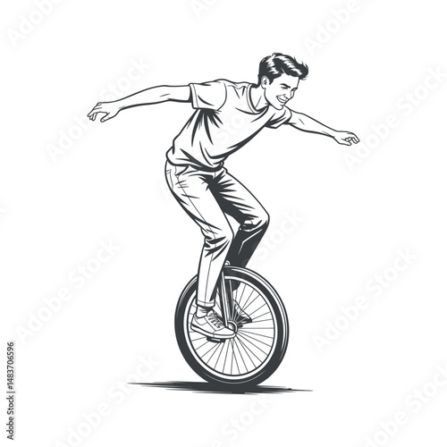Happy Man Riding Unicycle Illustration Vintage Style Black and White Graphic Design