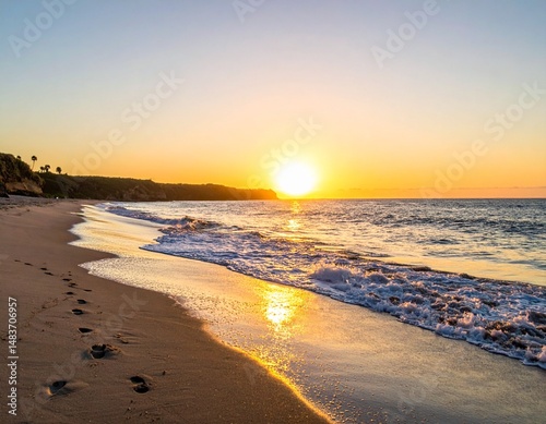 Wallpaper Mural a peaceful coastal sunrise with soft golden light illuminating the gentle waves and footprints in the sand Torontodigital.ca