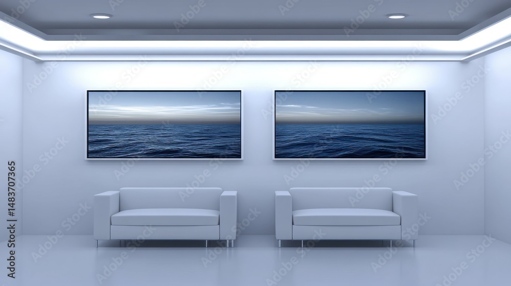 Minimalist Art Gallery with Abstract Pieces and Sleek Couch Arrangement Minimalist Art Gallery with Abstract Pieces and Sleek Couch Arrangement