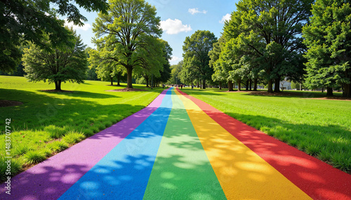 Vibrant rainbow pathway through serene park, embracing diversity