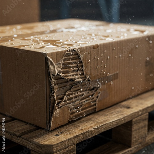 battered and wet cardboard box at a big warehouse as the sign of the problem in logistic and delivery