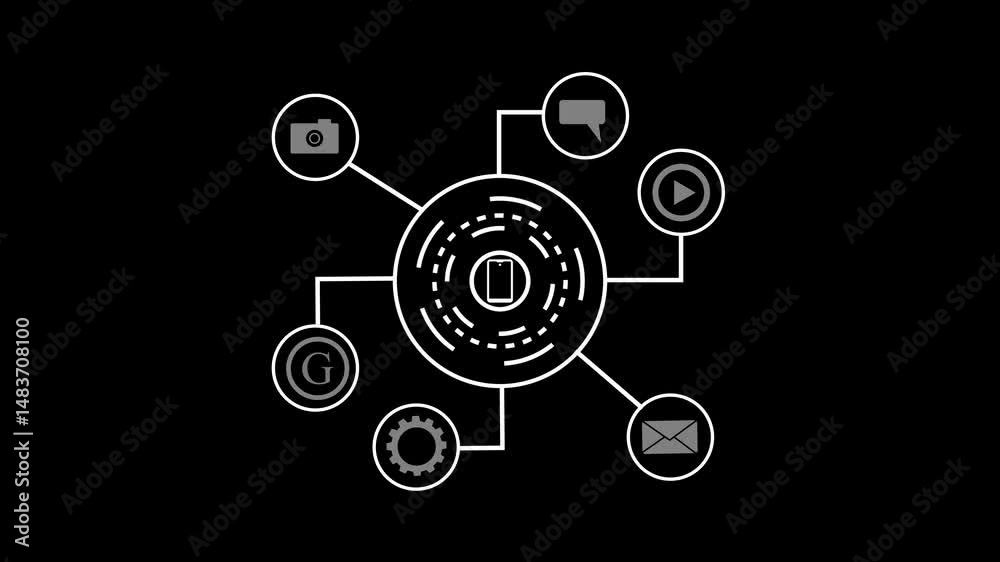 Social Media Internet Concept: Animated Stream of Content. Browsing through Multimedia all in one Entertainment, Messaging,  4k video black background .