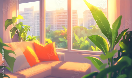 Sunlit living room with indoor plants and cozy couch